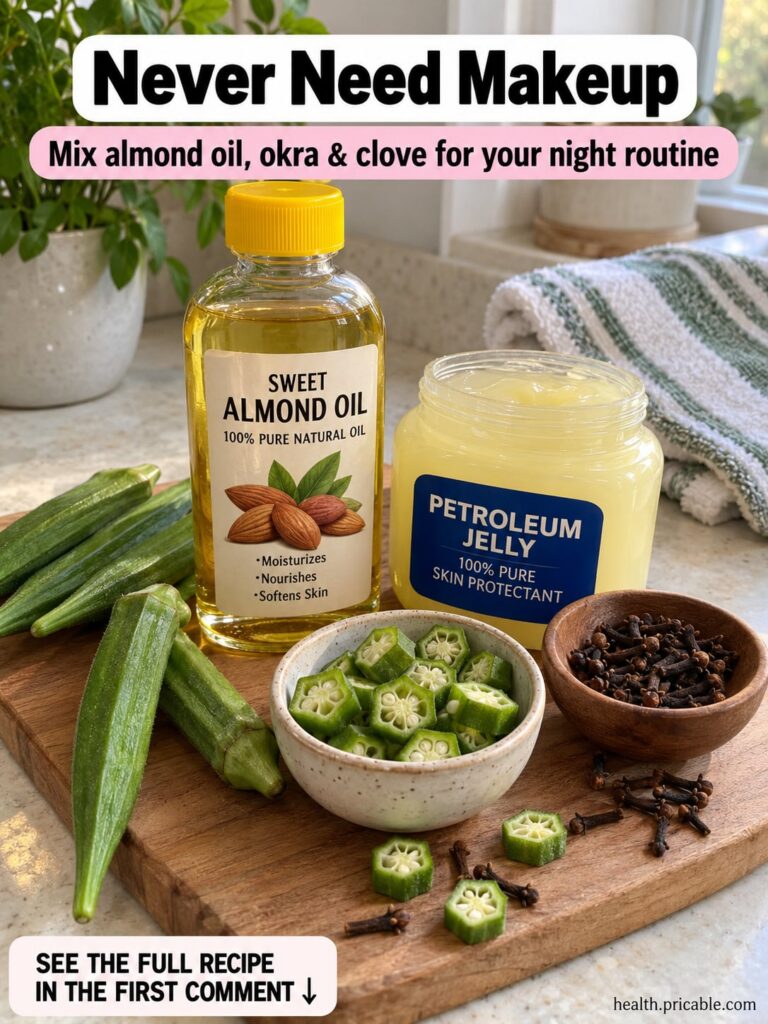 Three main ingredients for the nighttime beauty oil a bottle of almond oil fresh green okra pods and whole brown cloves 