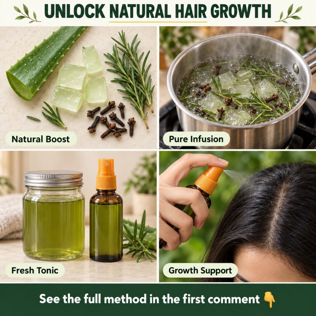 A bottle of homemade Aloe Vera Rosemary and Clove Scalp Tonic with fresh aloe vera leaves rosemary sprigs and cloves arr