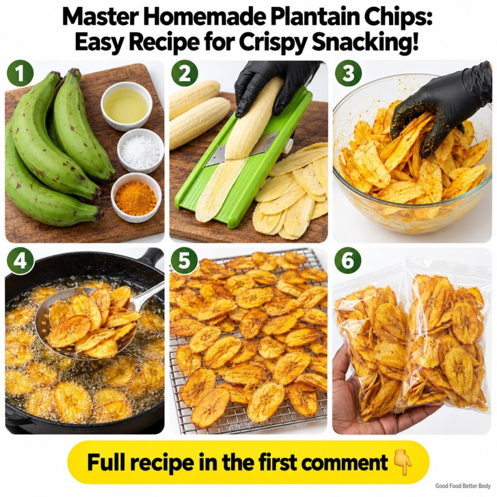 A pile of golden-brown thin crispy fried plantain chips on a white plate seasoned with salt A whole unripe plantain and 