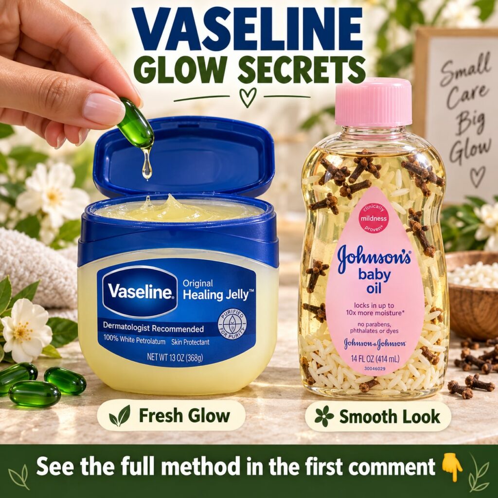 A close-up of a hand gently applying a small amount of Vaseline from a jar to the back of the other hand with a few drop