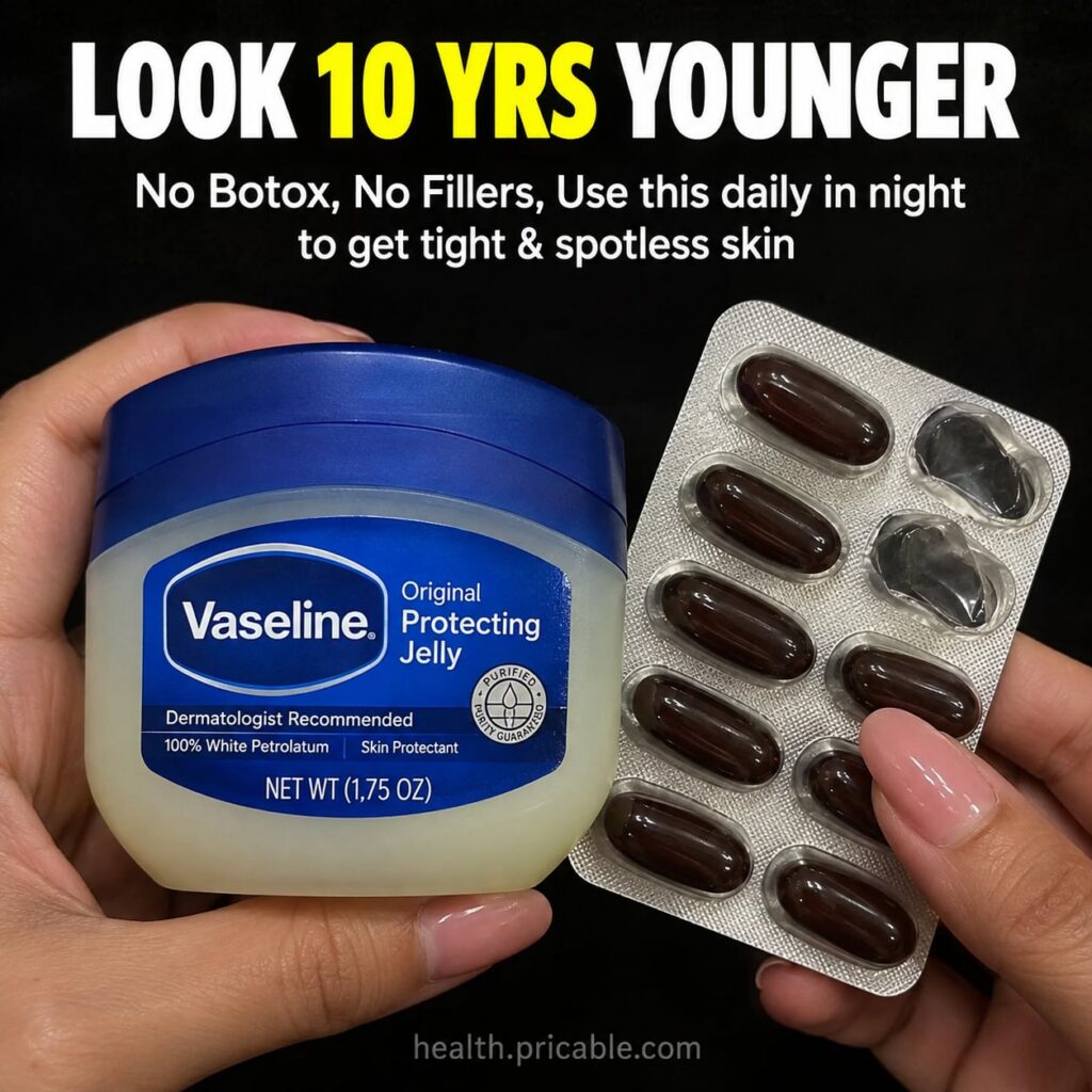 A small jar of Vaseline next to a few Vitamin E capsules with a clean finger ready to scoop out Vaseline on a soft warm 