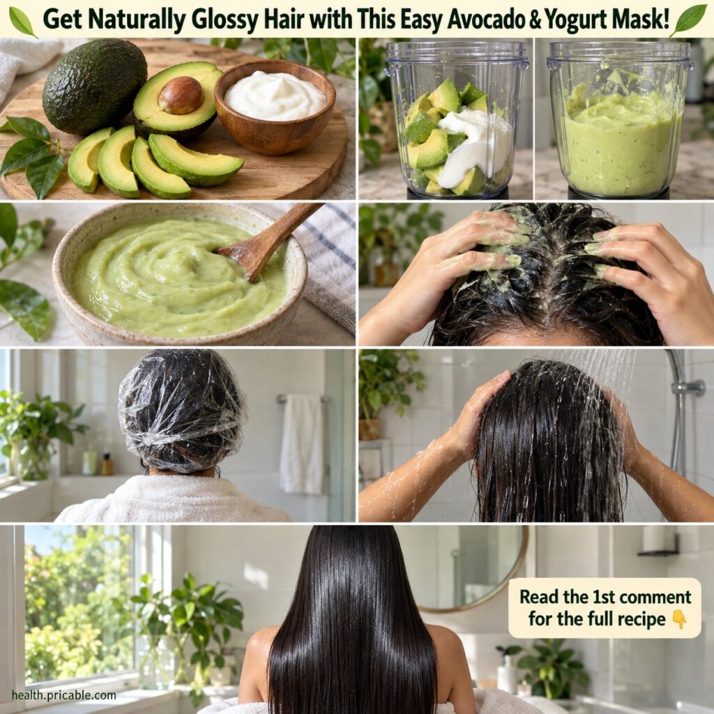 A close-up shot of a creamy avocado and yogurt hair mask mixture in a bowl with a fresh avocado half and a spoon of yogu