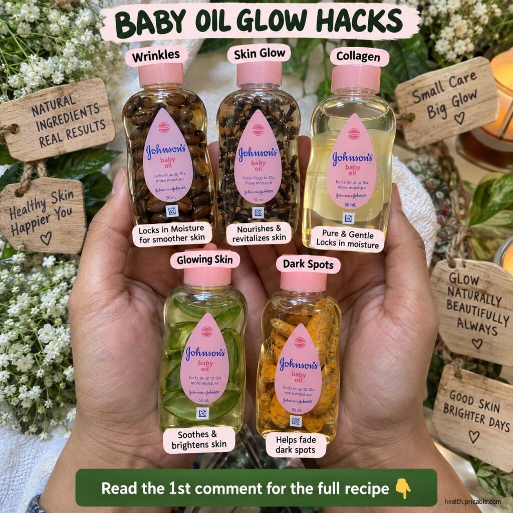 A bottle of clear infused baby oil with dried rose petals and green tea leaves visible inside set on a bright clean back