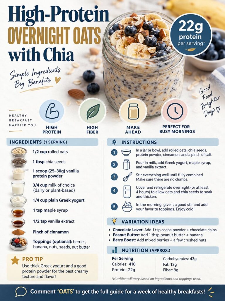 A jar of high-protein chia overnight oats with fresh berries and nuts on top set against a bright clean kitchen backgrou