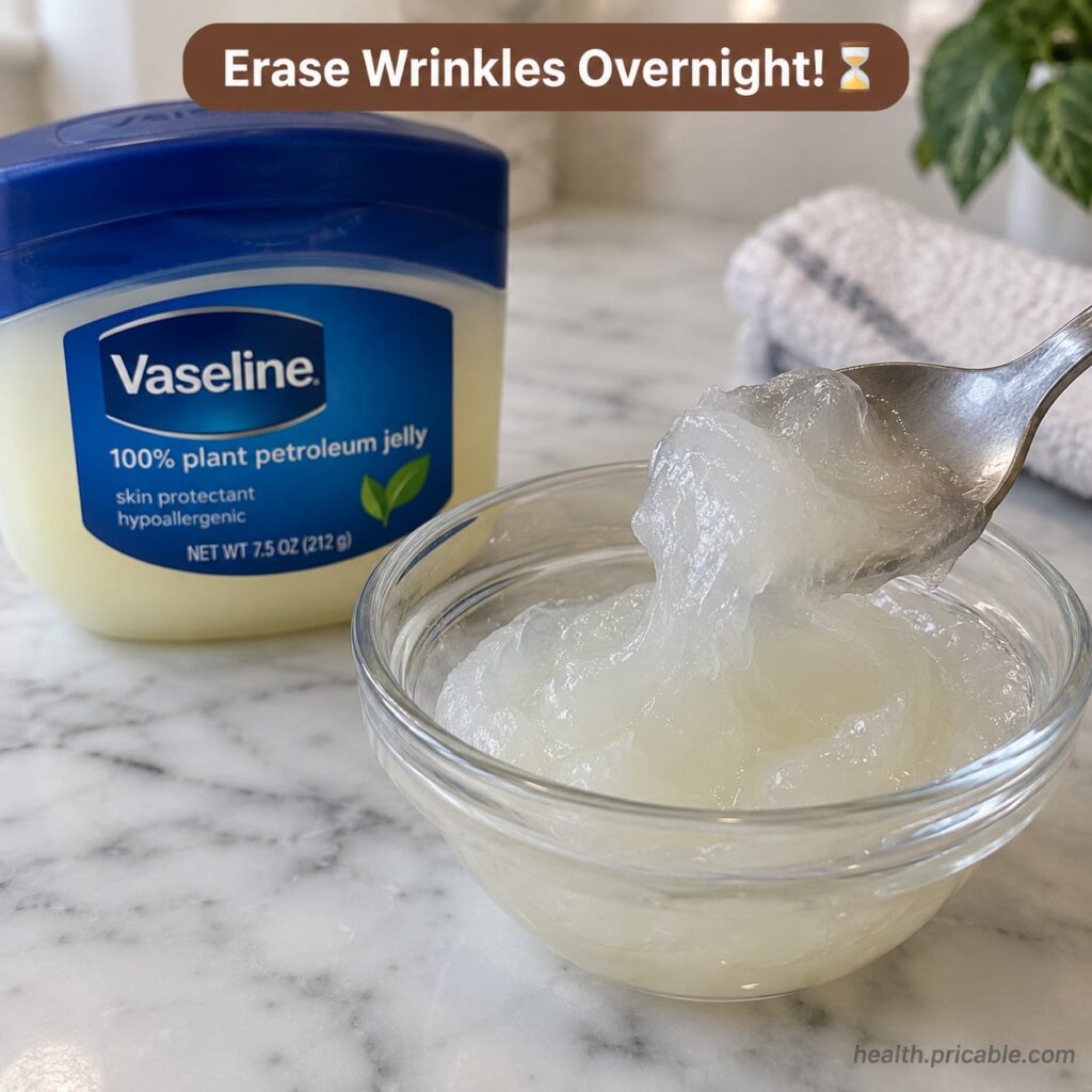 A woman with clean hydrated skin applying a small amount of plant-based petroleum jelly to her face before bed focusing