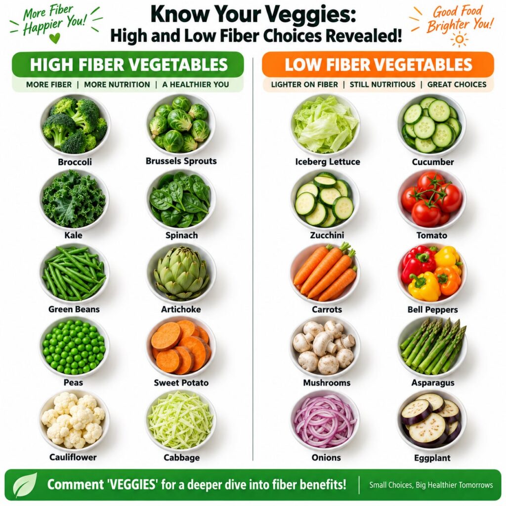 An infographic comparing high fiber vegetables and low fiber vegetables clearly categorizing common vegetables into two 