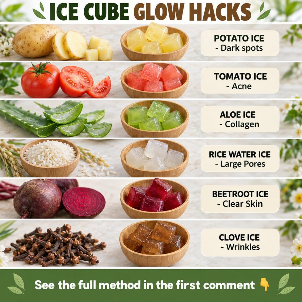 A collection of homemade beauty ice cubes made from potato tomato and aloe vera arranged artfully with the fresh ingredi