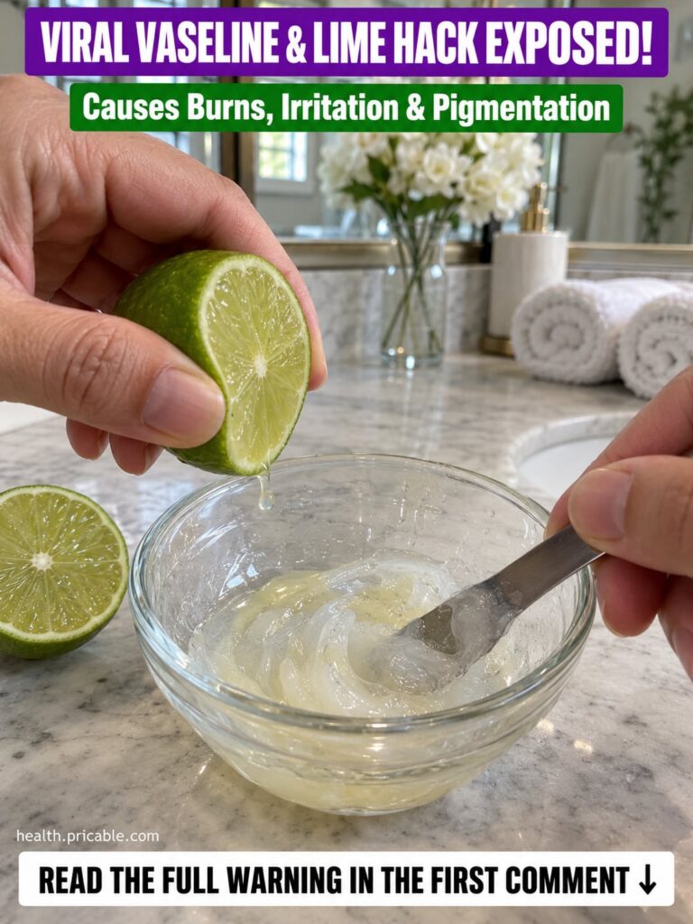 A close-up image showing a warning sign over a jar of Vaseline and a cut lime with a person s hand protectively shieldin