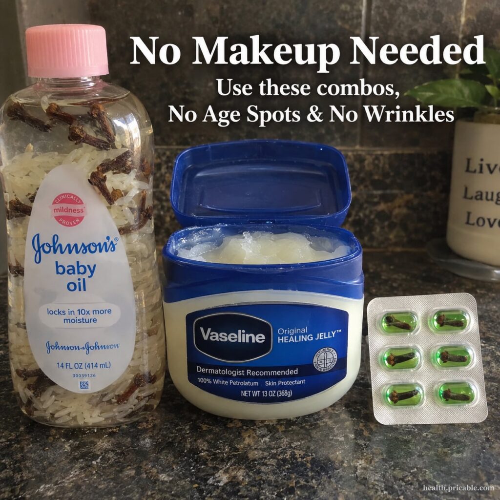 Three small containers on a rustic wooden surface one with Vaseline one with baby oil and a small bowl of whole cloves T