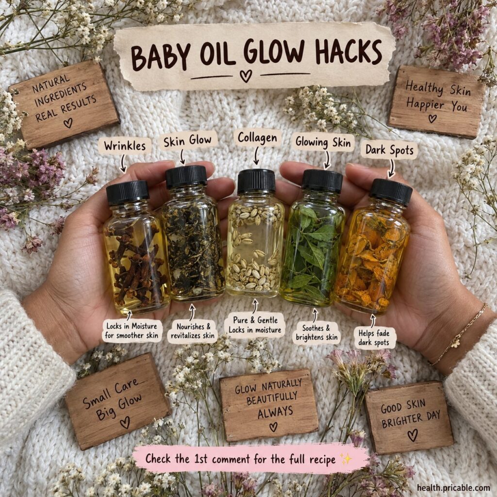 A bottle of baby oil next to a small bowl of dried rose petals and a dropper bottle of vitamin E oil all arranged on a n