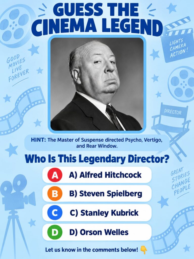A quiz asking Who Is This Legendary Director with clues like Master of Suspense and film titles Psycho Vertigo Rear Wind
