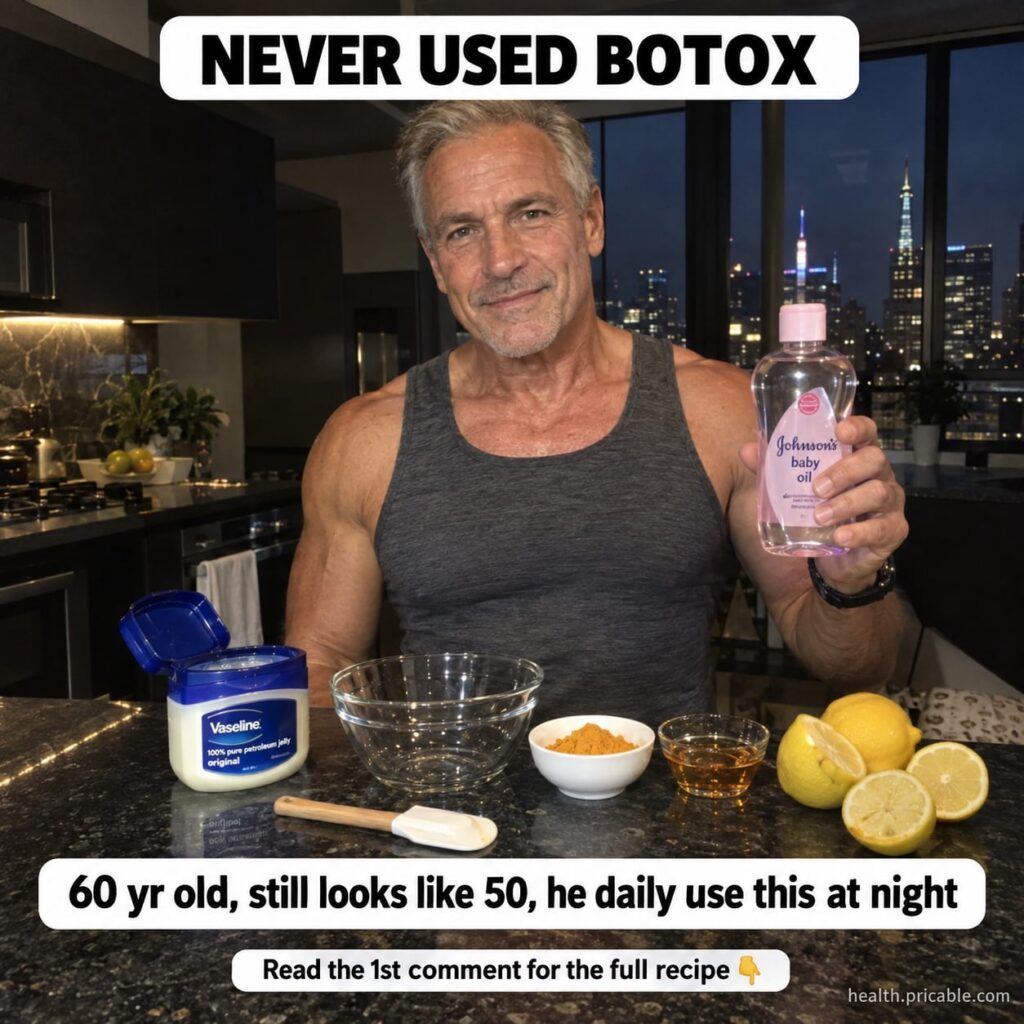 A 60-year-old man with smooth radiant skin holding a bottle of baby oil and a jar of Vaseline The background is softly l