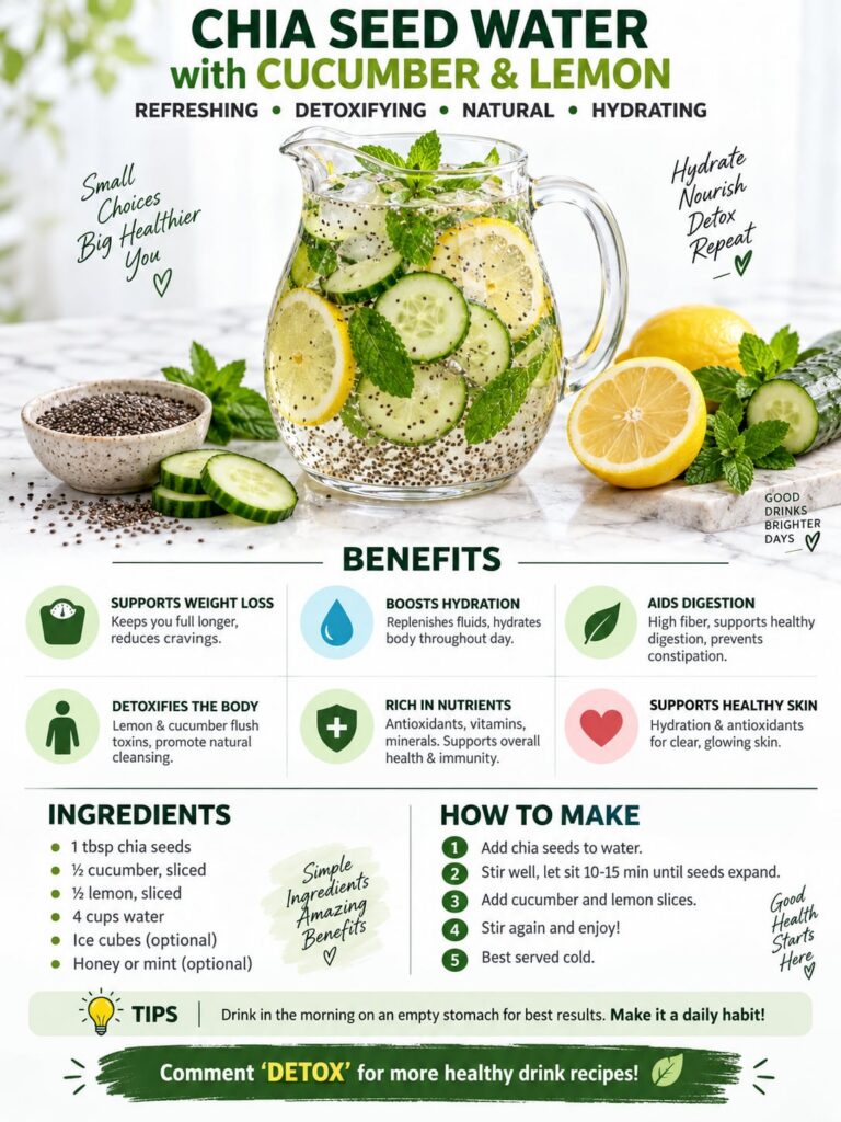 A glass of chia seed water with slices of cucumber and lemon and a sprig of mint against a light refreshing background A