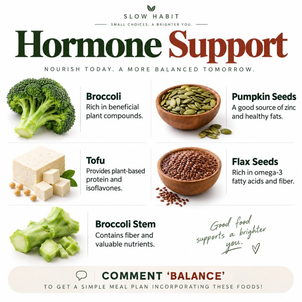 An infographic-style image showing broccoli flax seeds and tofu with text indicating Natural Foods for Hormone Support T