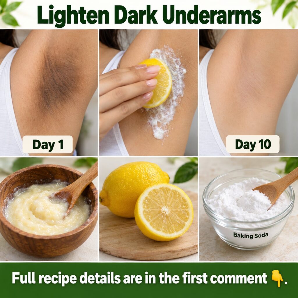 A close-up shot of an armpit area before and after treatment showing brighter skin Lemon slices and baking soda bowl nea