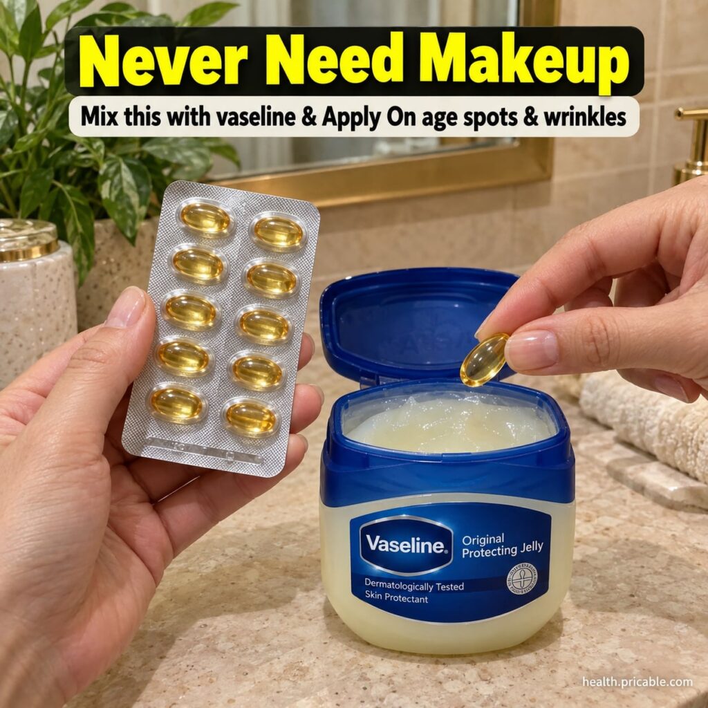 A small glass jar filled with a creamy yellowish Vaseline mixture alongside a tube of Vaseline and a few vitamin E capsu