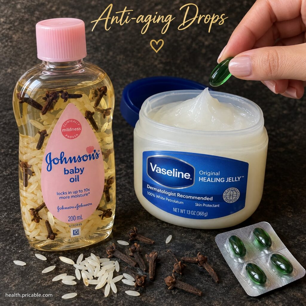 A small clear glass jar containing the mixed Vaseline and baby oil blend with a hand gently dipping a finger into it sho