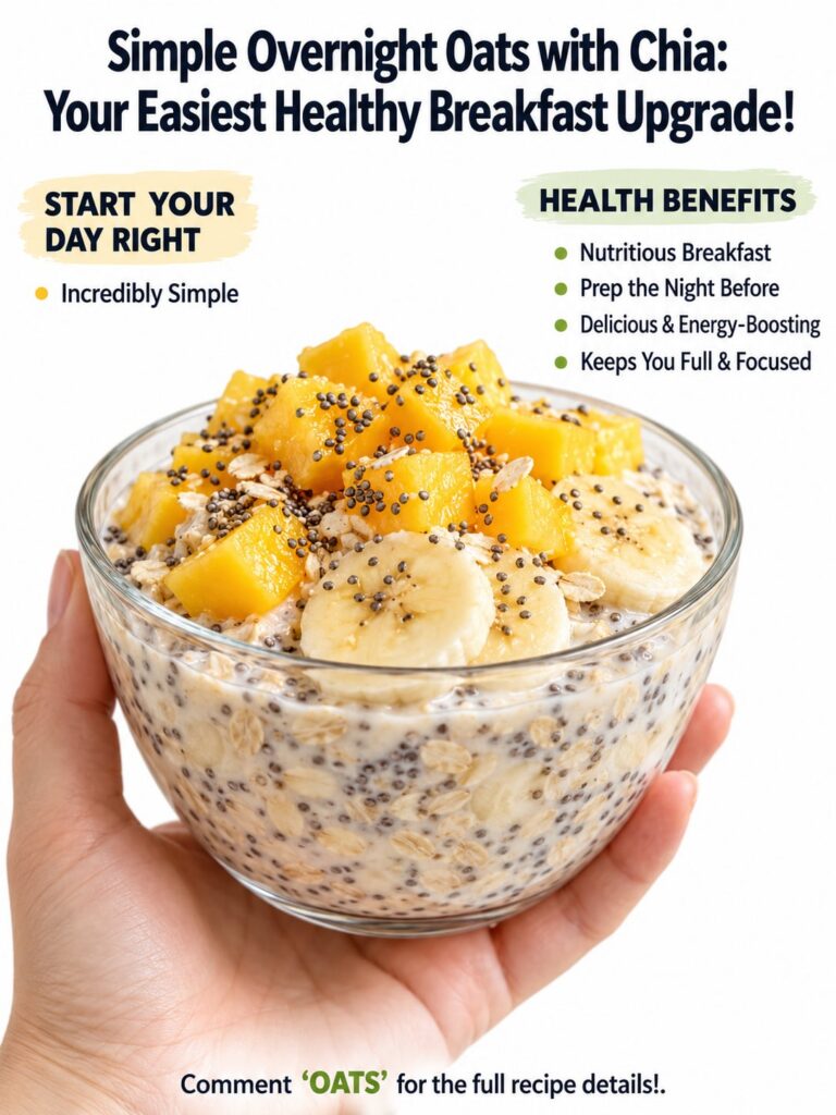 A beautiful jar of prepared overnight oats with chia seeds topped with fresh berries and a drizzle of honey sitting on a
