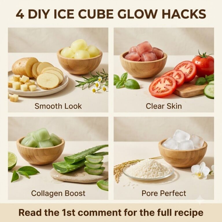 Various colorful DIY beauty ice cubes made from natural ingredients like potato tomato aloe vera and rice arranged neatl