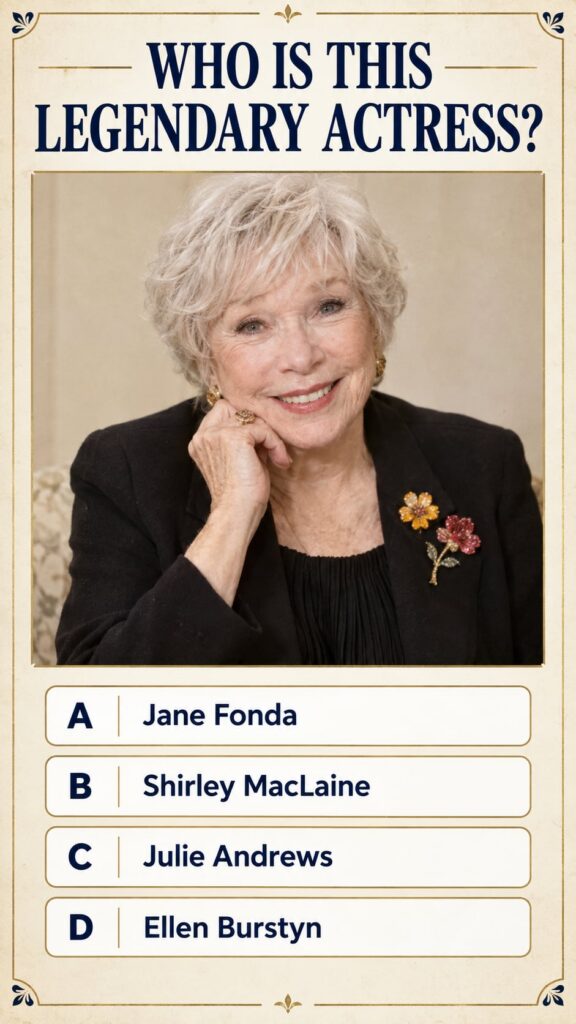 Quiz graphic asking to identify a legendary actress with text clues The Apartment and Terms of Endearment Oscar winner
