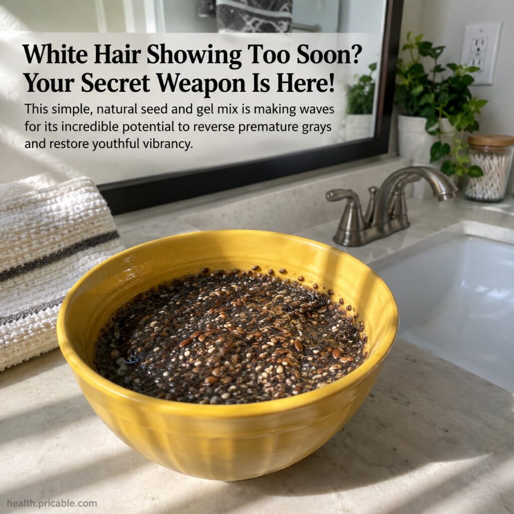 A bowl of homemade hair gel made from seeds and a natural gel with fresh herbs or seeds scattered around suggesting a na