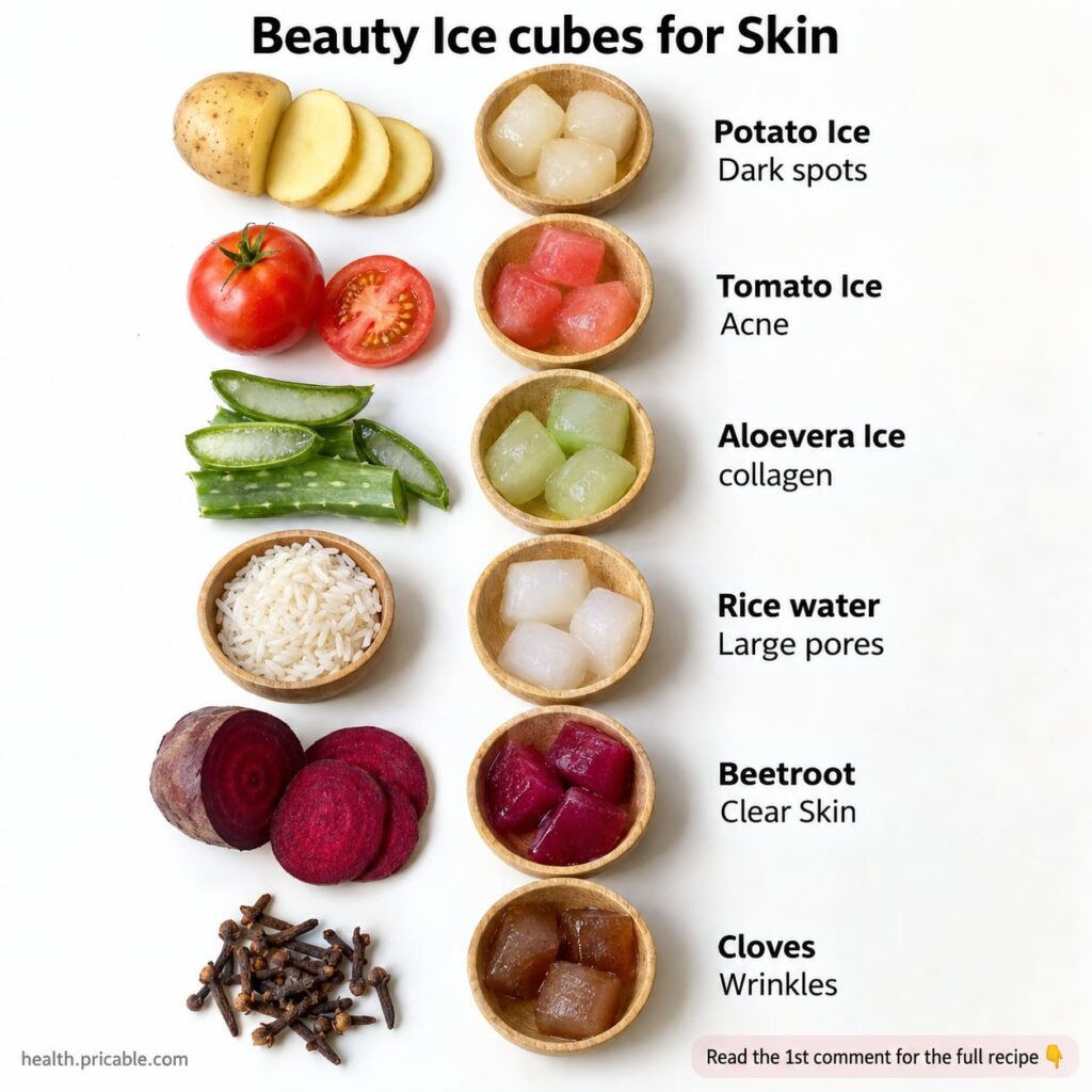Close-up of a woman s hand gently gliding a small herbal beauty ice cube wrapped in a thin cloth over her cheek The ice 