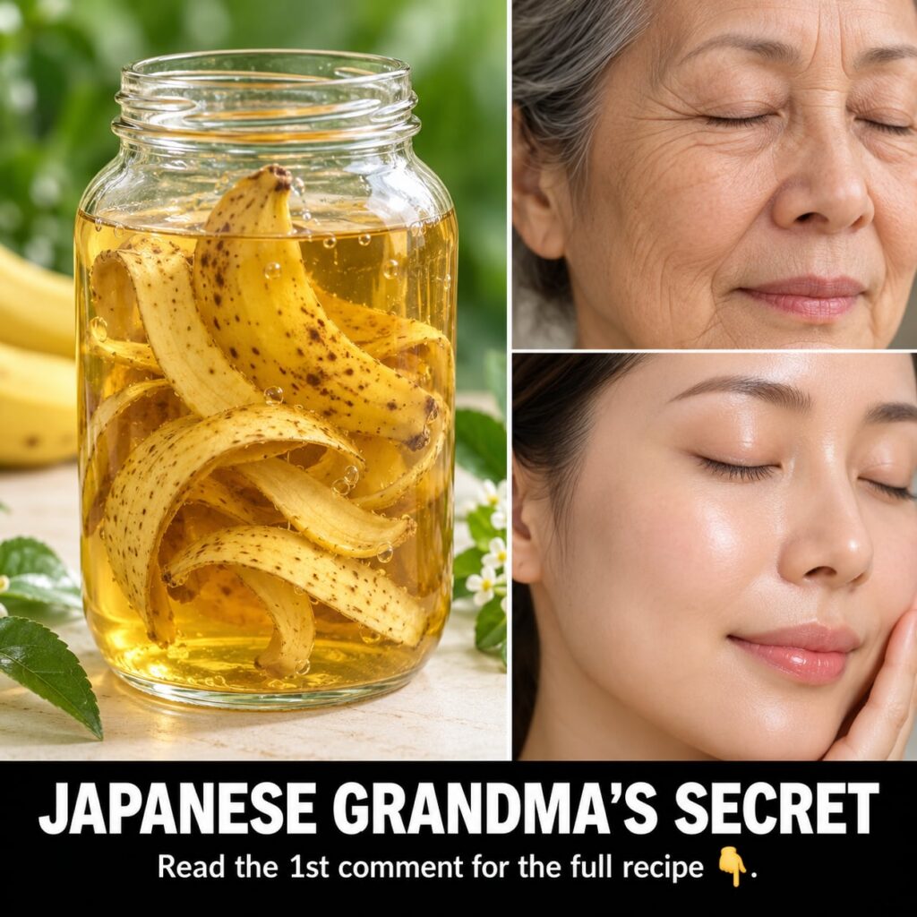 A close-up of a woman gently rubbing the inside of a fresh banana peel on her cheek with a soft warm light emphasizing h