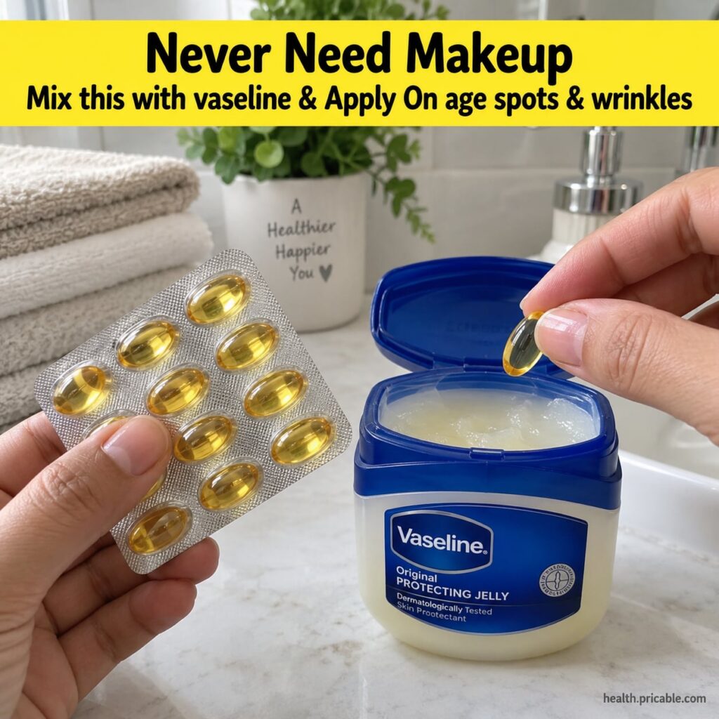 A woman gently mixing Vaseline with a few drops of amber-colored oil in a small white bowl with a mini spatula The backg