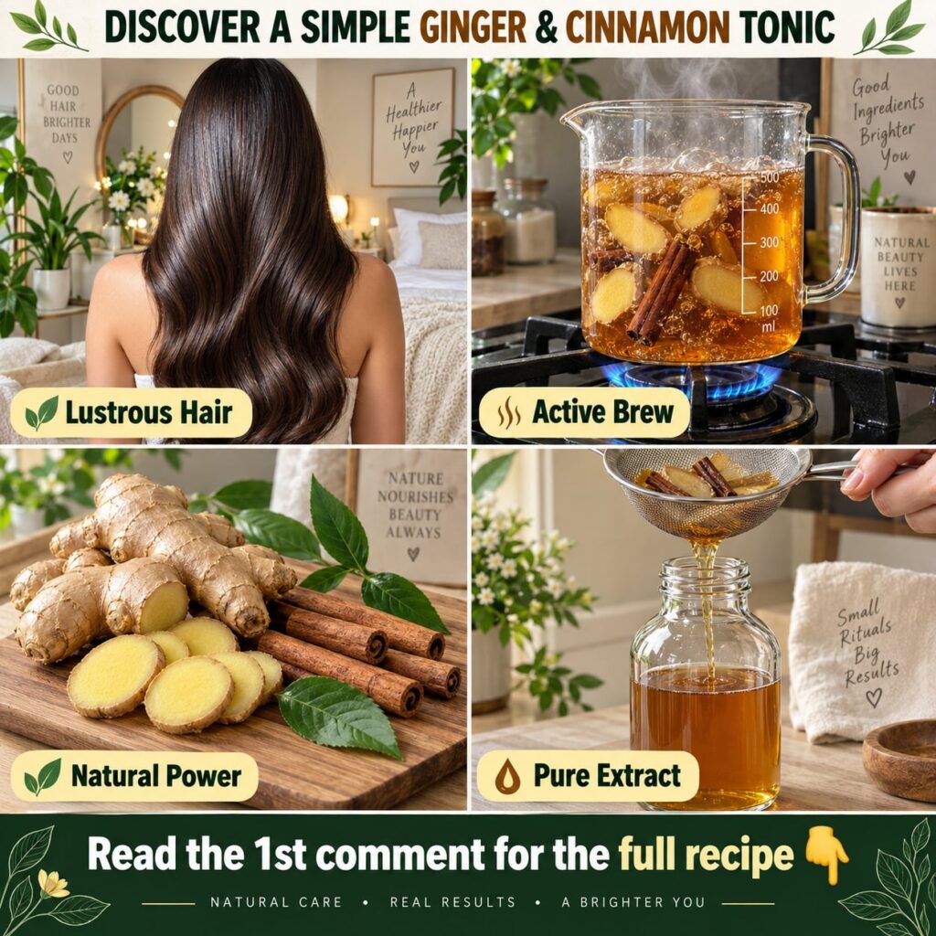 A close-up of a glass bottle containing a light amber liquid ginger and cinnamon tonic with fresh ginger slices and cinn
