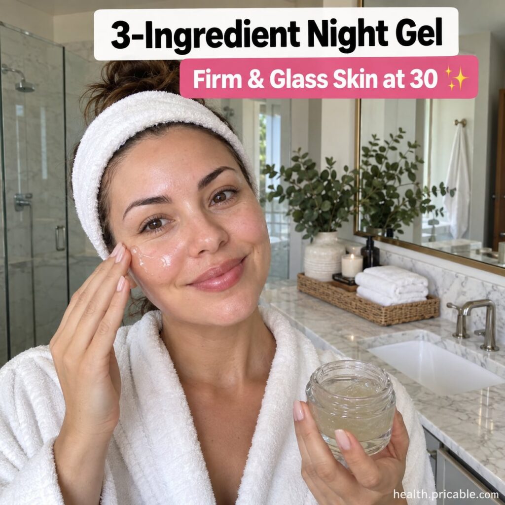 A woman applying a clear gel to her face at night with a small jar of the DIY night gel visible on her vanity