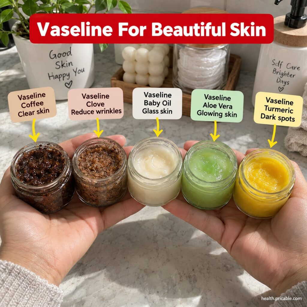 A beautiful woman with clear glowing skin gently applying a small amount of a homemade cream to her face The background 