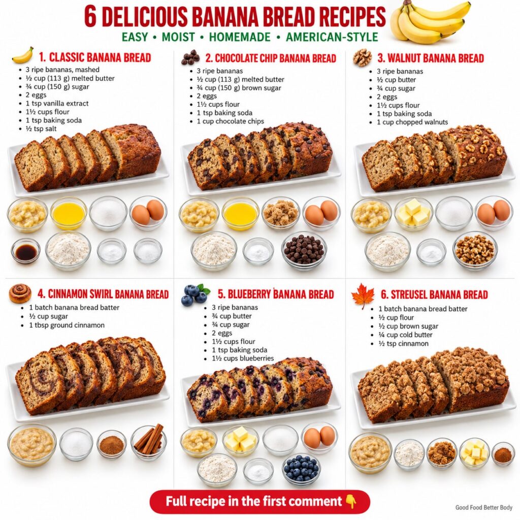 A variety of six different banana bread slices arranged on a wooden board showcasing various toppings and additions like