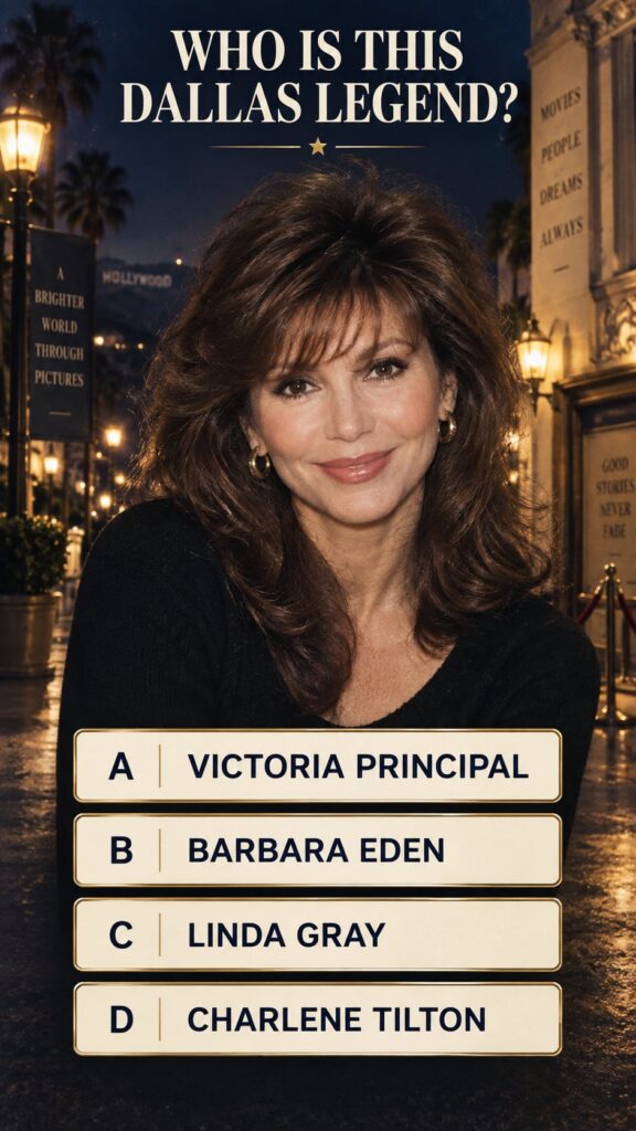 A quiz image featuring a portrait of Linda Gray likely from her Dallas era with quiz question text overlay