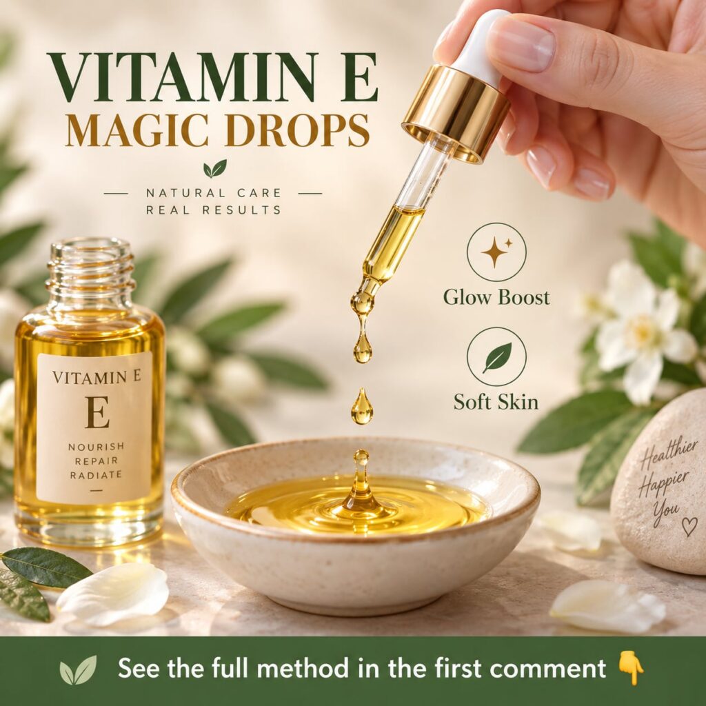 A close-up of a small glass dropper bottle filled with golden Vitamin E oil surrounded by whole cloves on a rustic woode