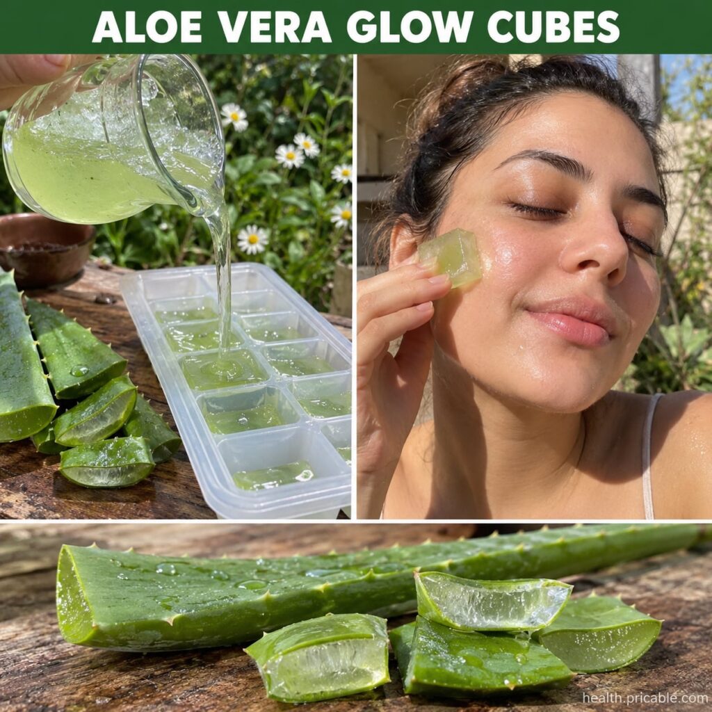 A fresh aloe vera leaf being cut to extract its gel with a small bowl of clear aloe gel next to it on a clean kitchen co