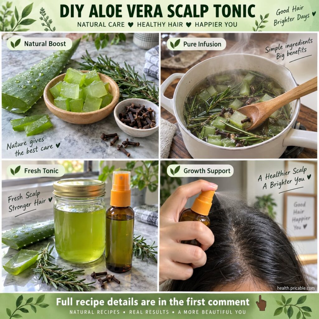 Ingredients for an aloe vera rosemary and clove scalp tonic including fresh aloe vera leaf dried rosemary and whole clov
