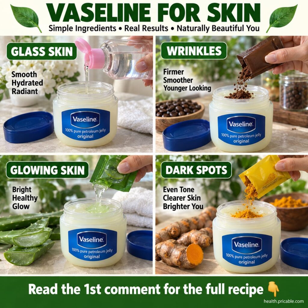 A close-up of a small jar of petroleum jelly Vaseline with a spoon next to fresh kitchen ingredients like honey and a po