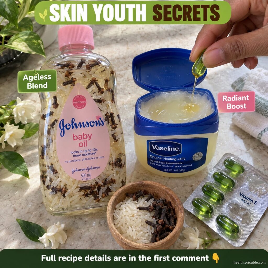 Ingredients for the DIY youthful skin remedy a jar of Vaseline a bottle of liquid Vitamin E or a few Vitamin E capsules 