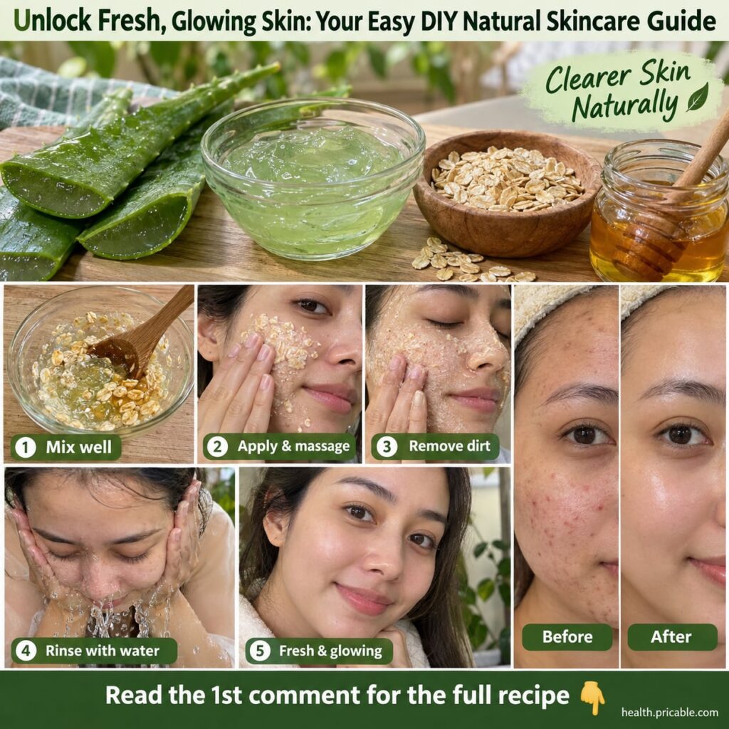 Three natural ingredients for a skincare routine fresh aloe vera leaf a bowl of rolled oats and a jar of golden honey on