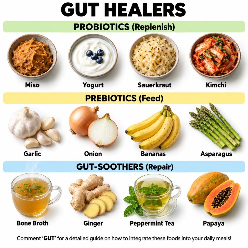 A vibrant and visually appealing flat lay of various gut-friendly foods including kimchi kefir yogurt garlic onions aspa
