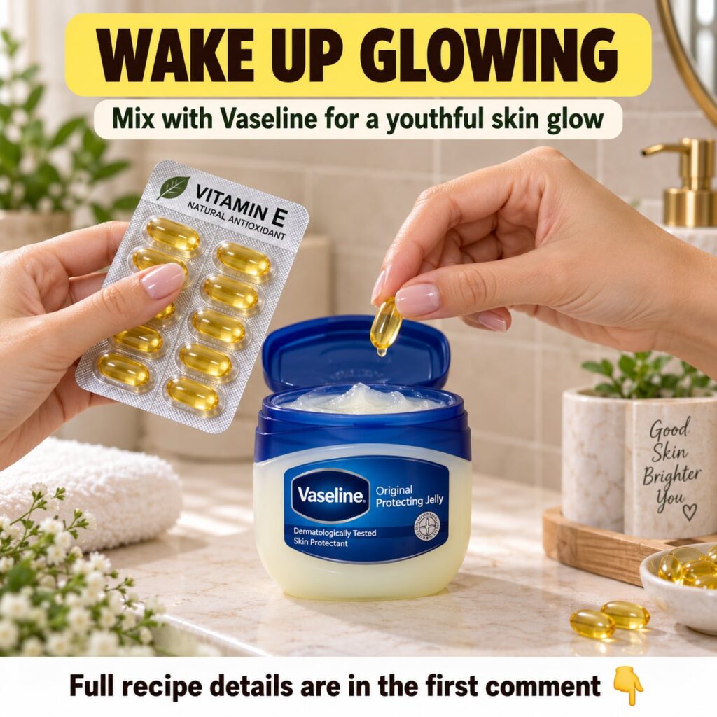 A small container of Vaseline next to a clear capsule of Vitamin E oil with a subtle glow effect on a clean light surfac