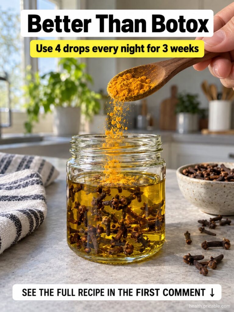 A small glass bottle of golden-yellow oil with dried cloves and turmeric pieces surrounded by fresh turmeric root and wh