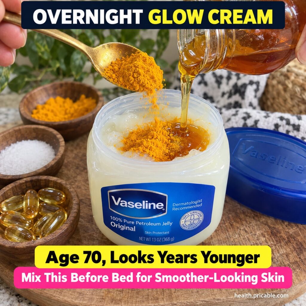 Ingredients for the overnight glow cream a small container of Vaseline a spoonful of turmeric powder and a drizzle of ho