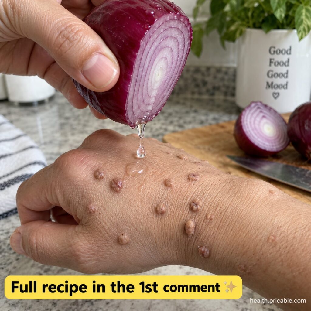 Close-up of a person applying a liquid droplet onto a small wart on their finger using a cotton swab with a red onion bl