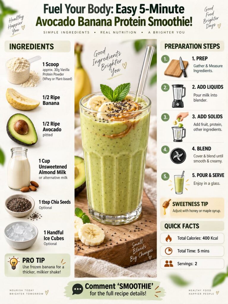 A vibrant creamy green avocado banana protein smoothie in a tall glass garnished with a slice of avocado and banana The 