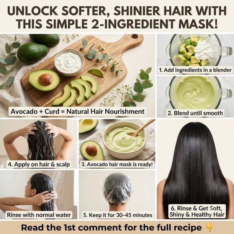 A close-up of a creamy avocado and curd hair mask mixture in a bowl with a sliced avocado and a bowl of curd in the back
