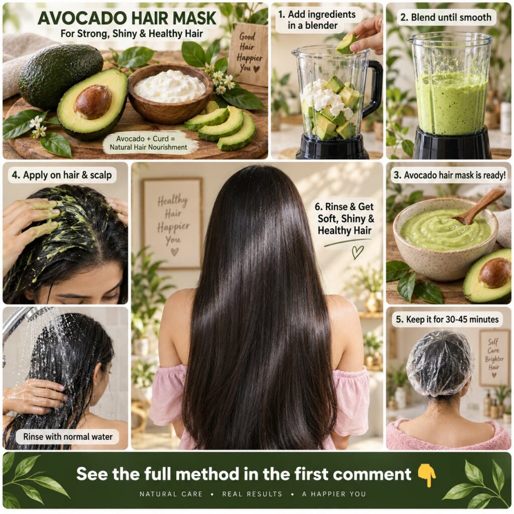 A close-up shot of a creamy green avocado hair mask in a bowl with a sliced avocado and a spoon beside it suggesting nat