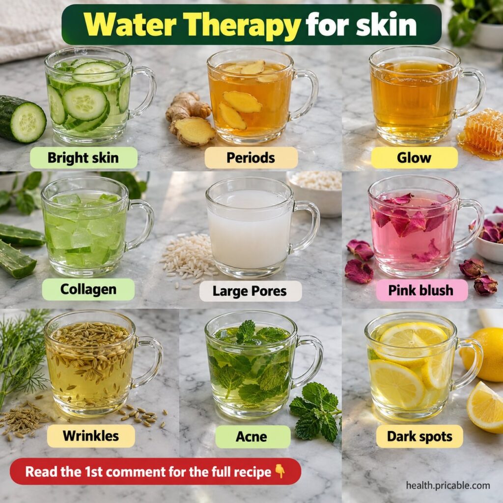 A glass jug filled with a clear water infusion slices of lemon cucumber and fresh mint leaves set against a bright clean