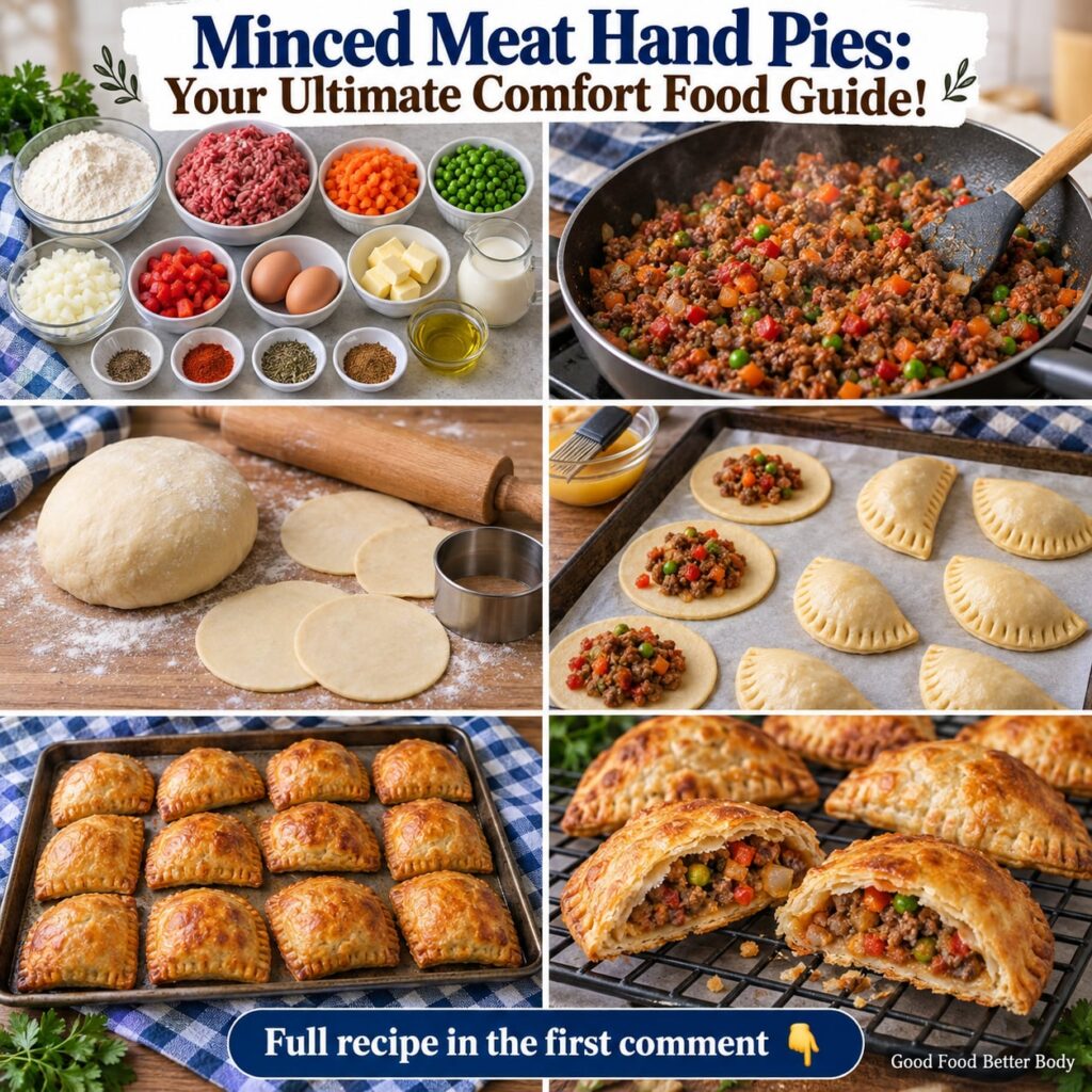 Two golden brown minced meat hand pies with flaky pastry on a wooden board garnished with a sprig of fresh parsley with 