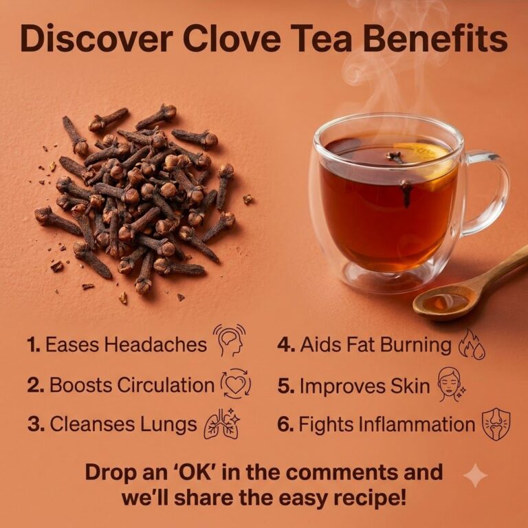 A warm cup of clove tea next to a small pile of whole cloves and a few star anise pods on a rustic wooden surface with s
